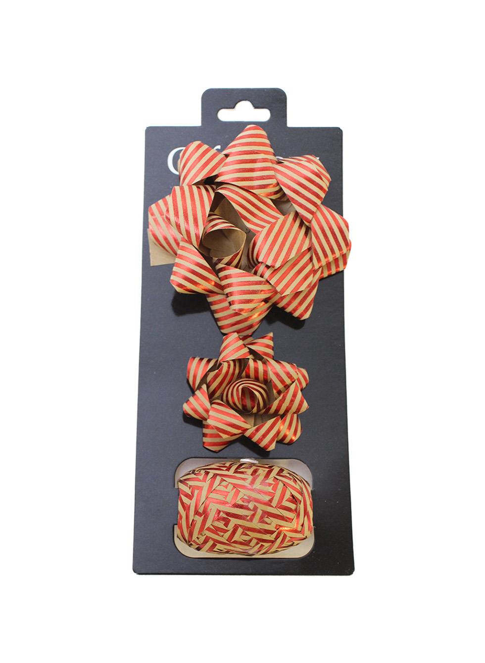 Hediye Paketleme Seti Kağıt Fiyonk ve Kurdele Kırmızı-Kraft Çizgili 3lü