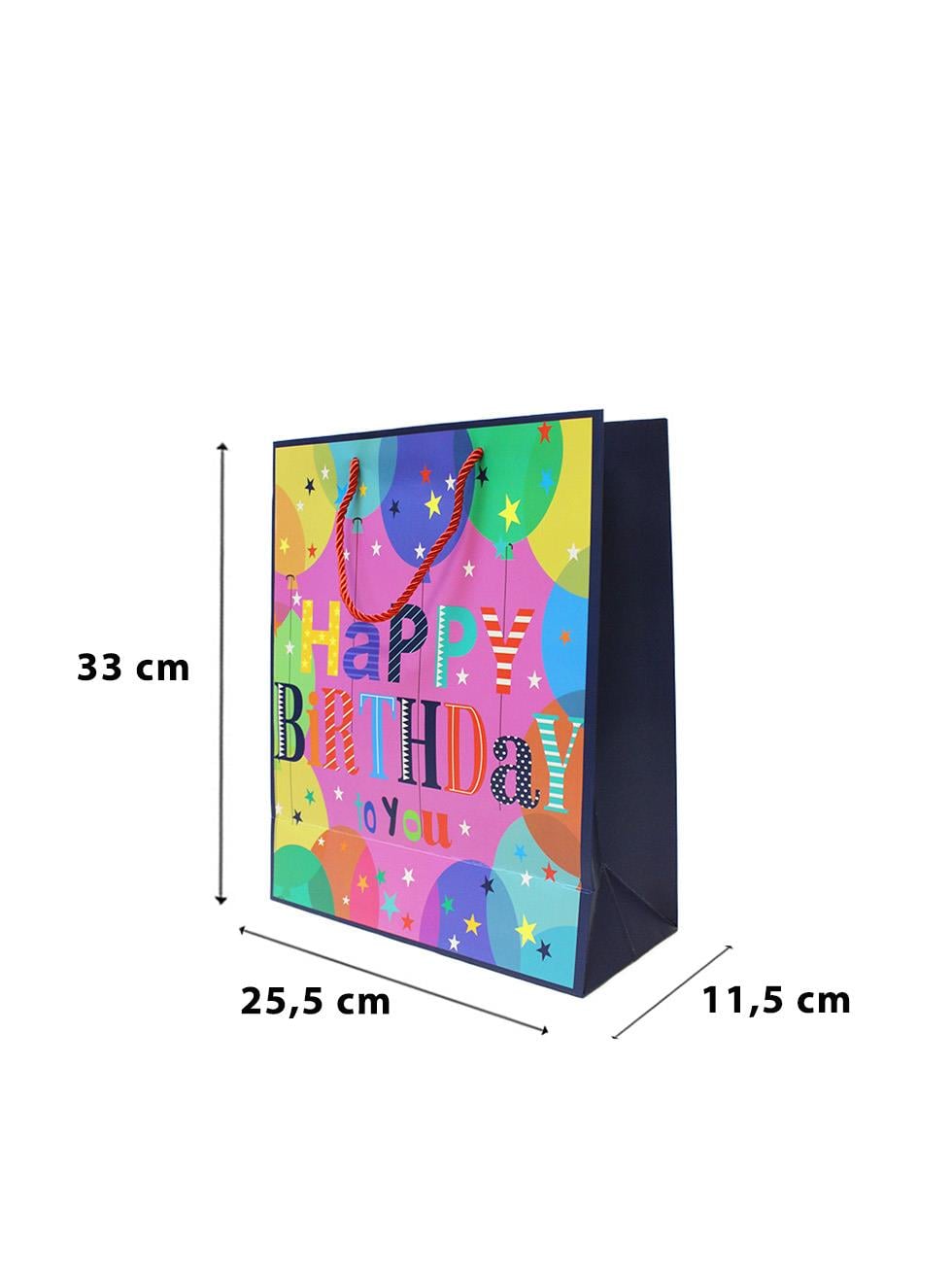 Karton Çanta Happy Birthday Yazılı Alışveriş Çantası Hediye Çantası Renkli 33 cm