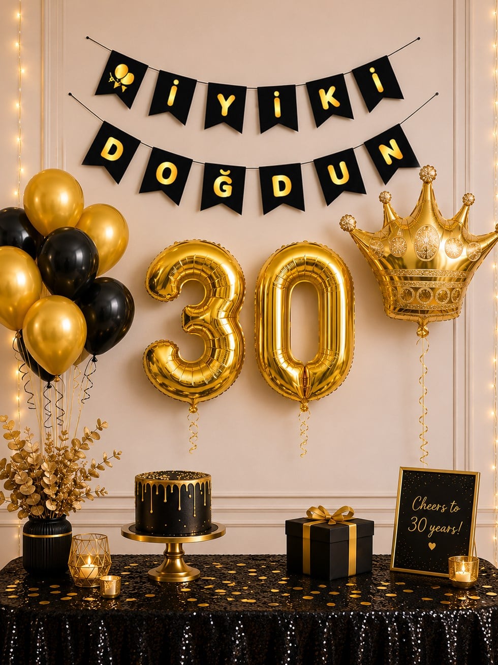 30 Yaş Balon Seti Doğum Günü Parti Seti Siyah Altın