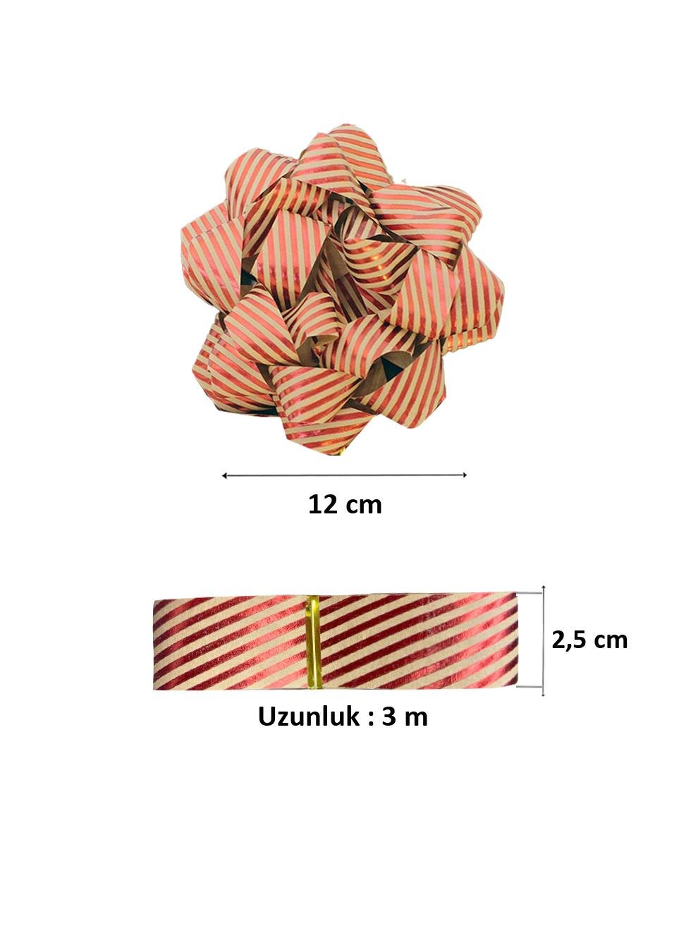 Hediye Paketleme Seti Kağıt Fiyonk ve Kurdele Kırmızı-Kraft Çizgili 2li