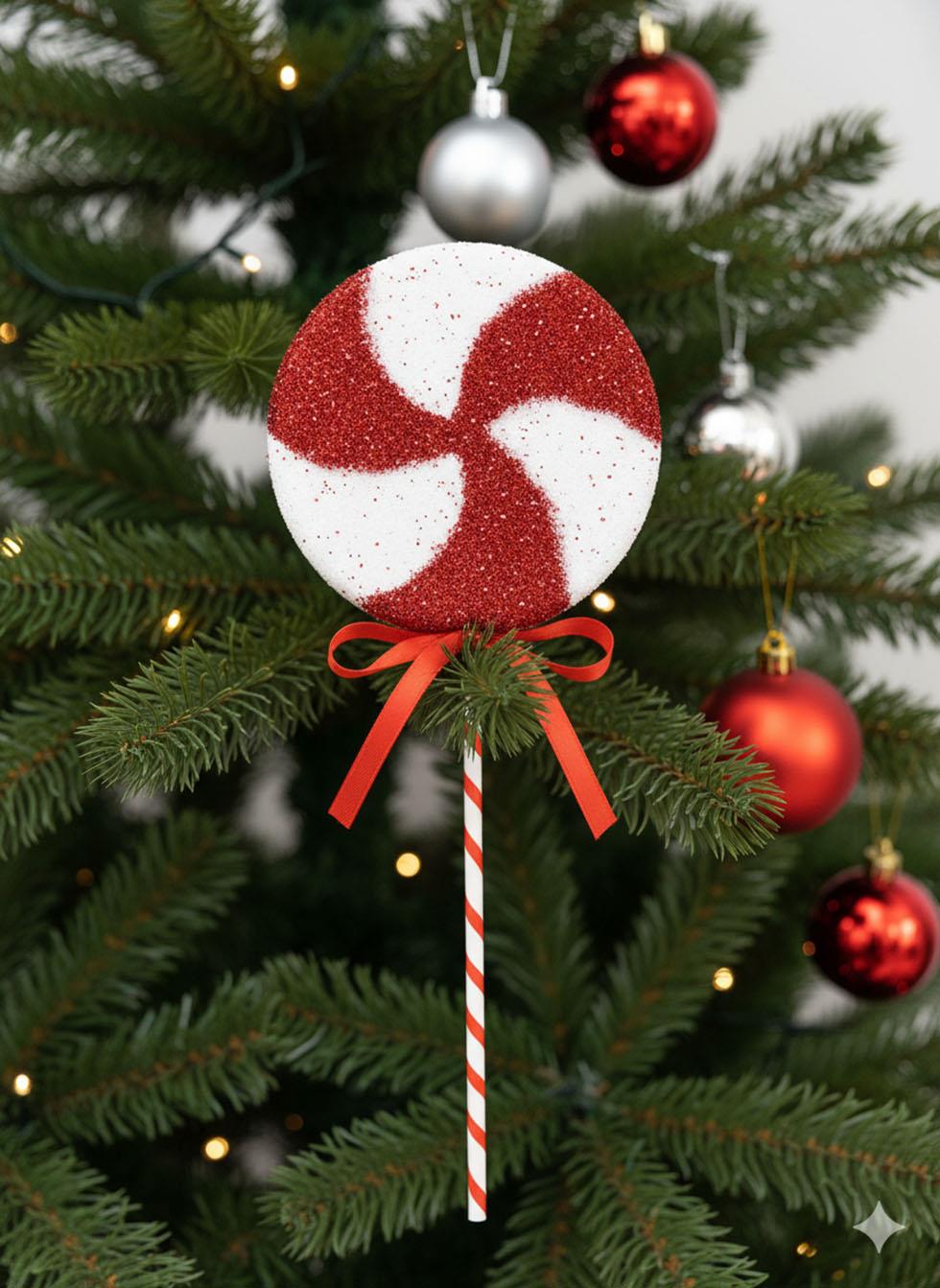 Yılbaşı Ağaç Süsü Dekoratif Simli Lolipop Şeker 45 cm