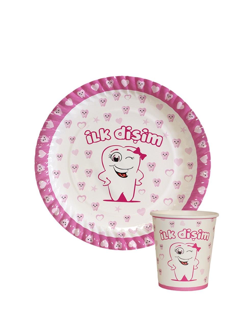 İlk Dişim Temalı Karton Tabak Bardak Set Pembe 8li