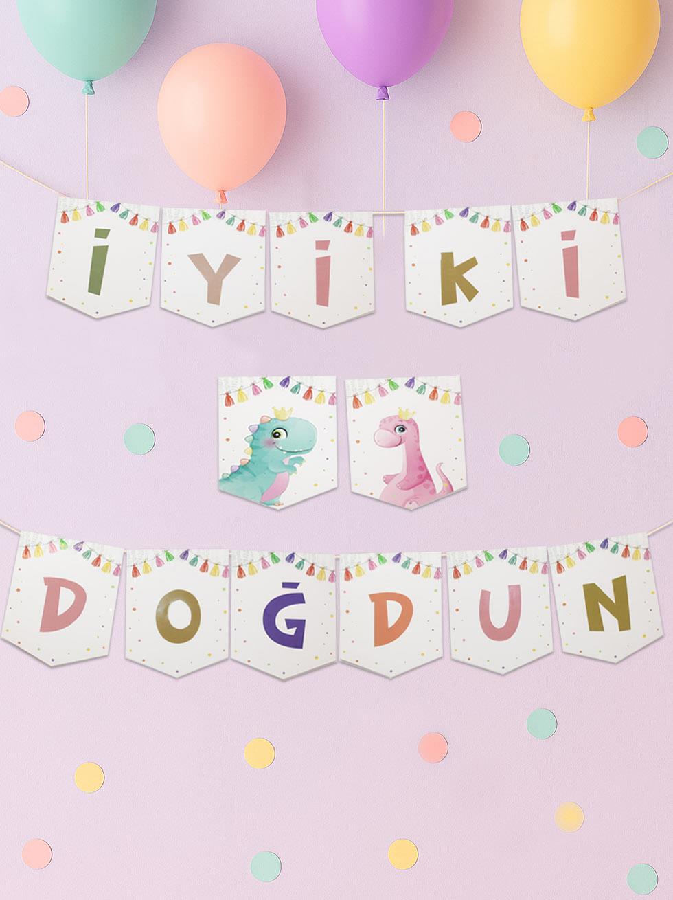 Sevimli Dinozor Temalı İyi Ki Doğdun Yazı Banner Doğum Günü Parti Süsü