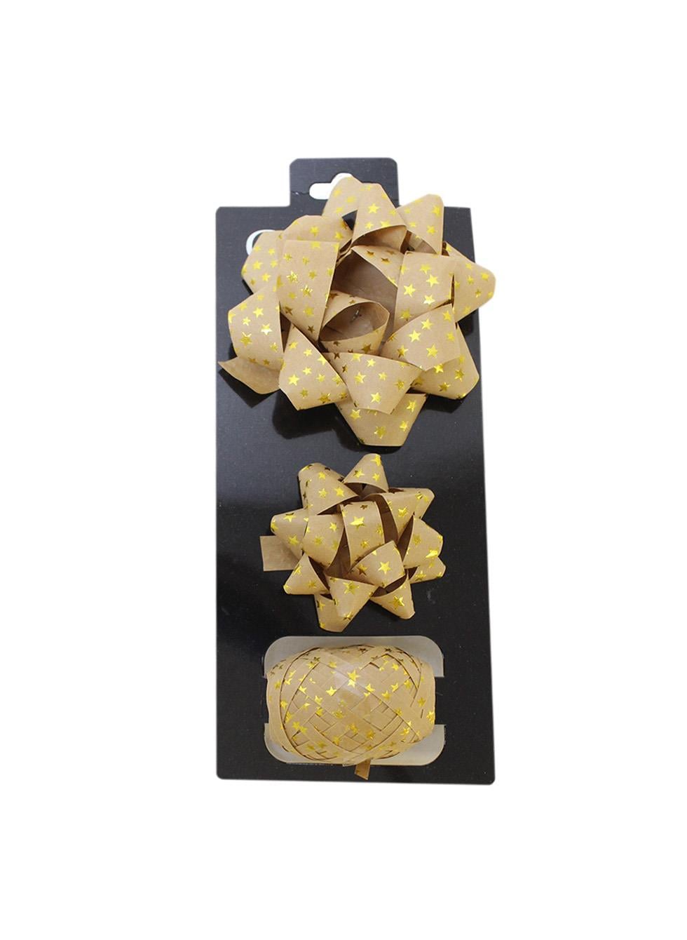 Hediye Paketleme Seti Kağıt Fiyonk ve Kurdele Kraft-Gold 3lü