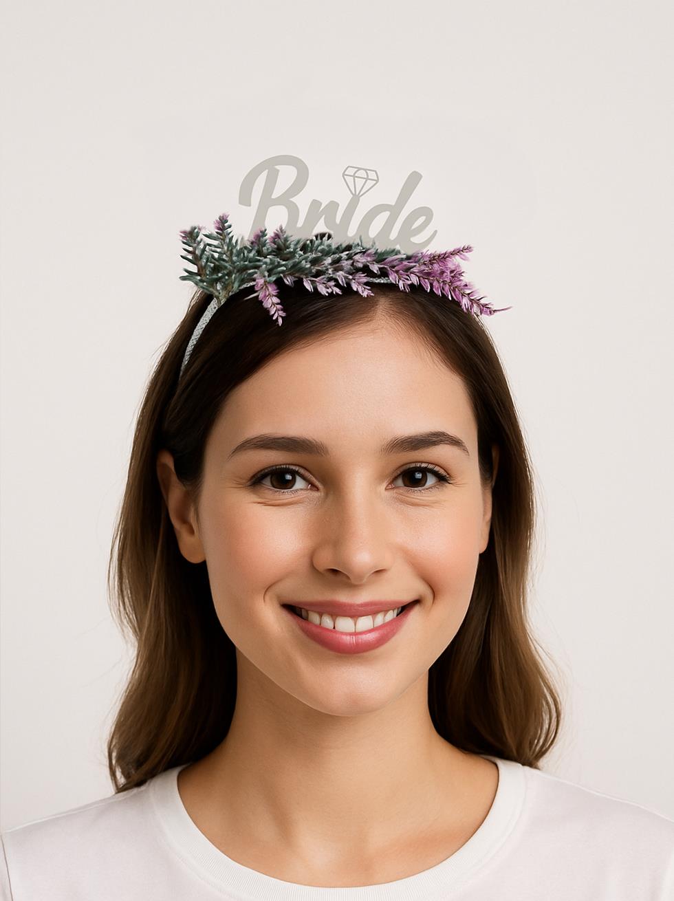 Bride Gümüş Pleksi Taç Lavanta Çiçekli Bekarlığa Veda Parti Tacı