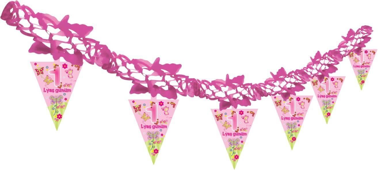 1. Yaş Günüm Doğum Günü Kağıt Zincir Süs Pembe 24lü