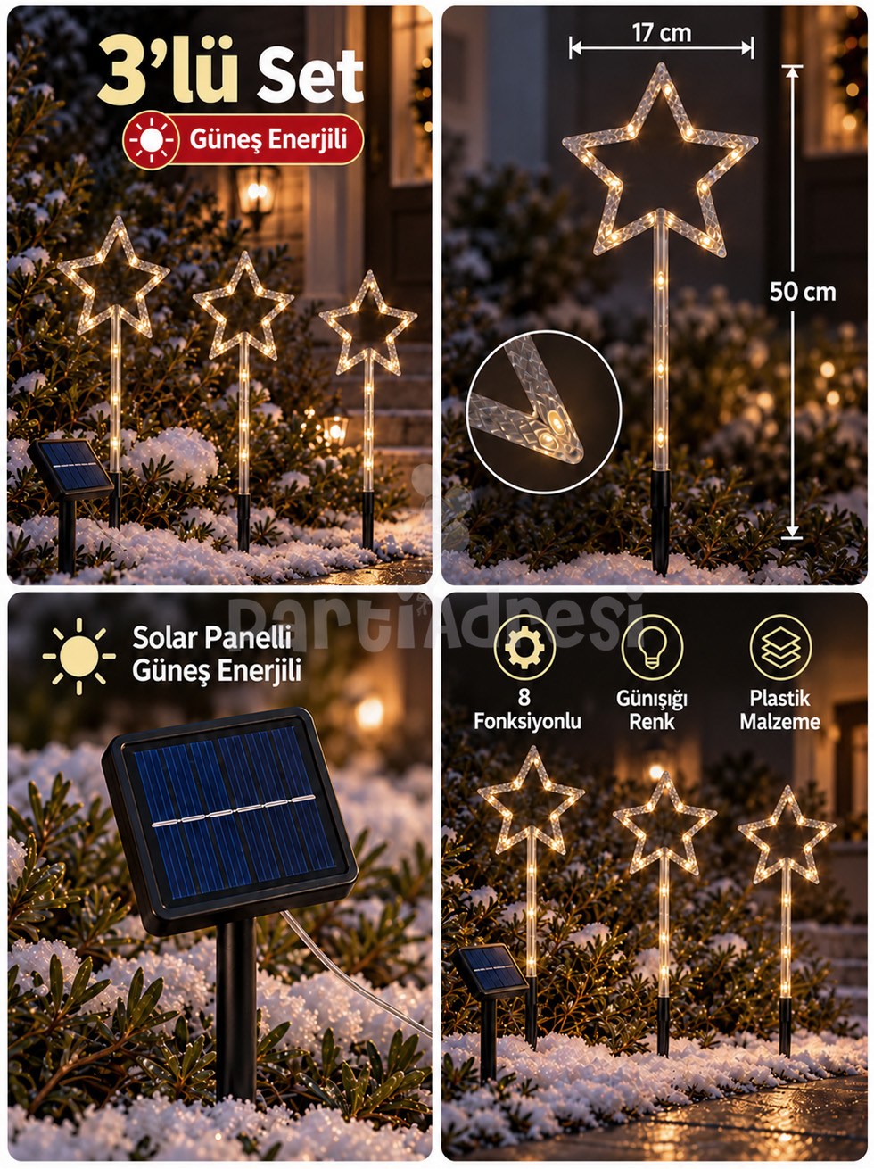 3lü Yıldız Figürlü Kazıklı LED Yılbaşı Dekoru – Güneş Enerjili Solar 8 Fonksiyonlu Günışığı 50 cm