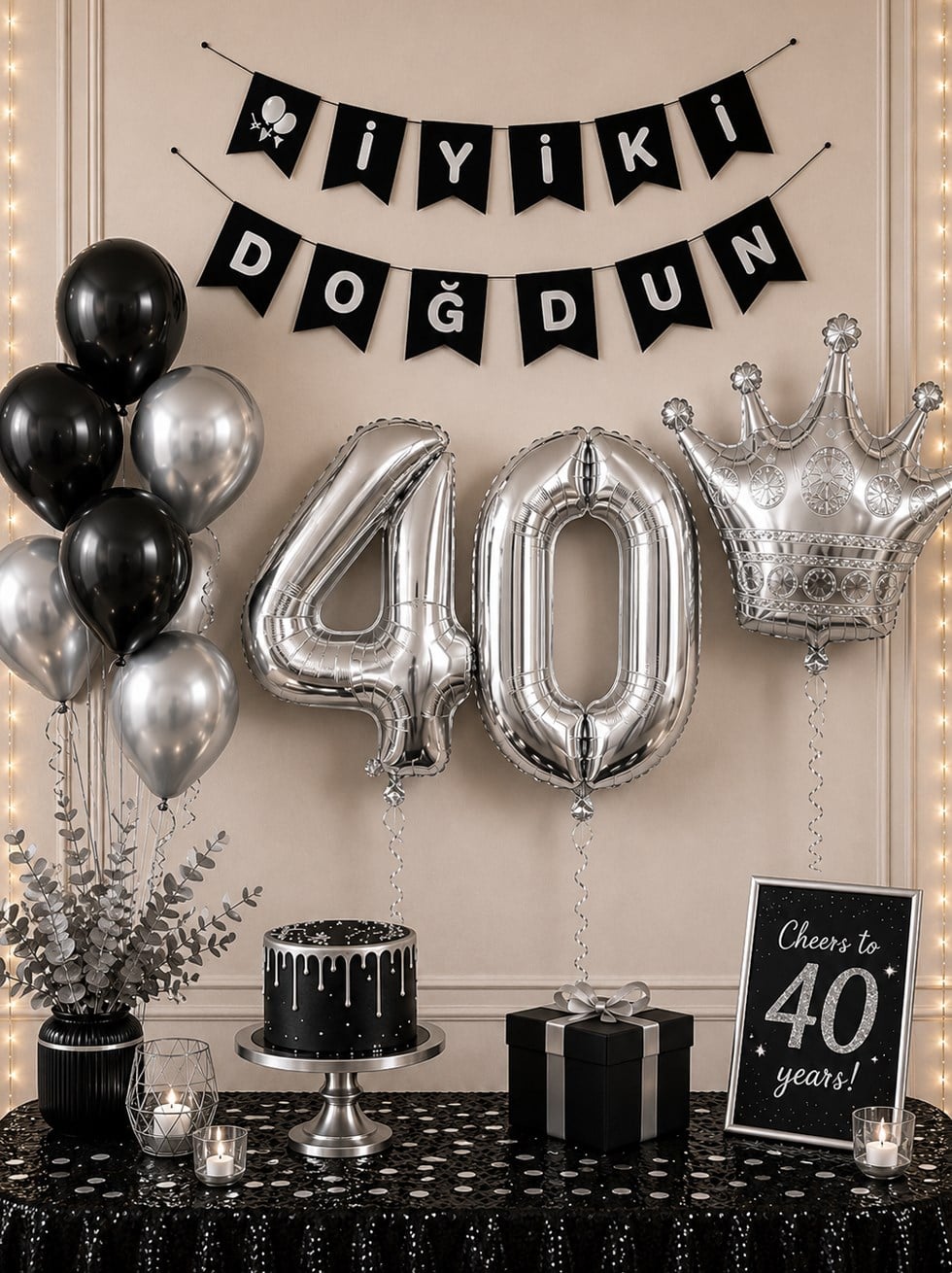 40 Yaş Balon Seti Doğum Günü Parti Seti Siyah Gümüş