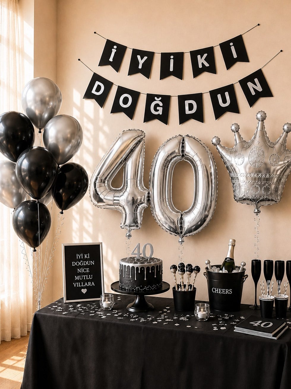 40 Yaş Balon Seti Doğum Günü Parti Seti Siyah Gümüş