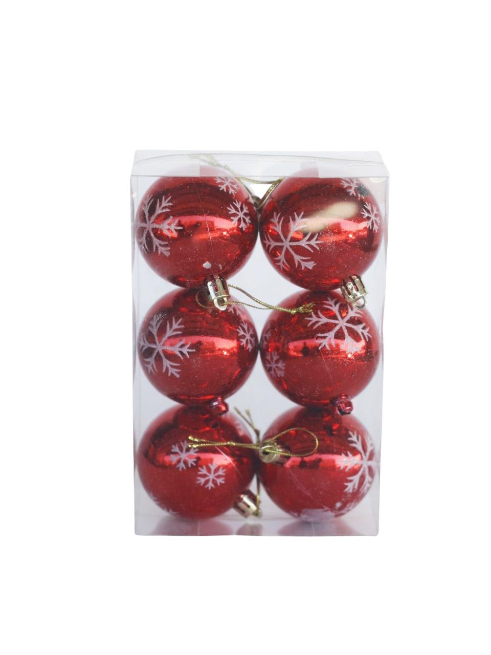 Yılbaşı Topları Kar Tanesi Desenli Çam Ağacı Süsleri Kırmızı 6 cm 6lı