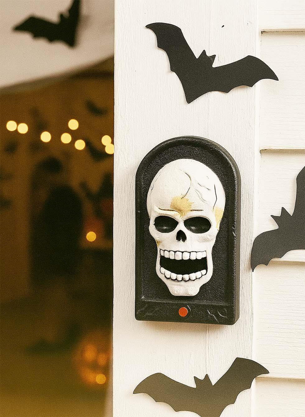 Cadılar Bayramı Kuru Kafa Figürlü Kapı Zili Halloween Işıklı Sesli Parti Dekoru Siyah