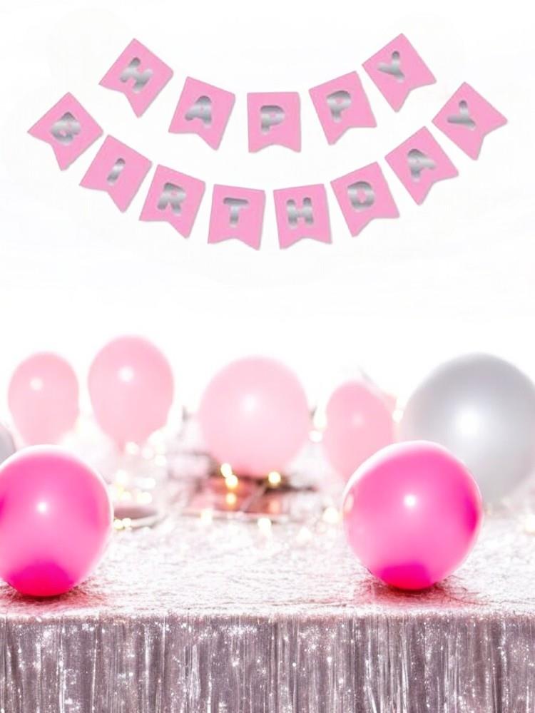 Happy Birthday Yazı Doğum Günü Banner Pembe Gümüş