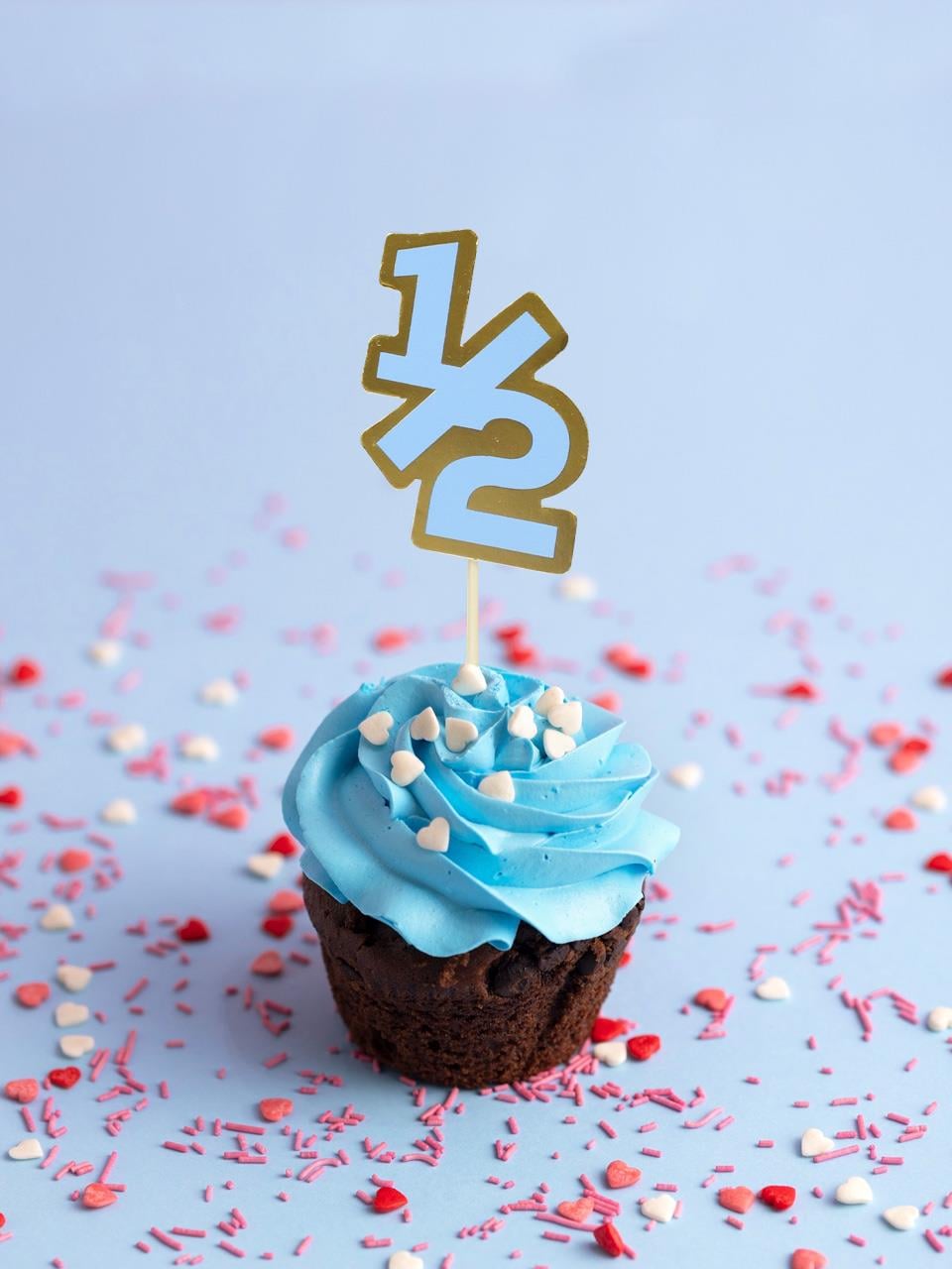 Yarım Yaş Kürdan 1/2 Yazılı Cupcake Kürdanı Pasta Süsü Mavi 10lu