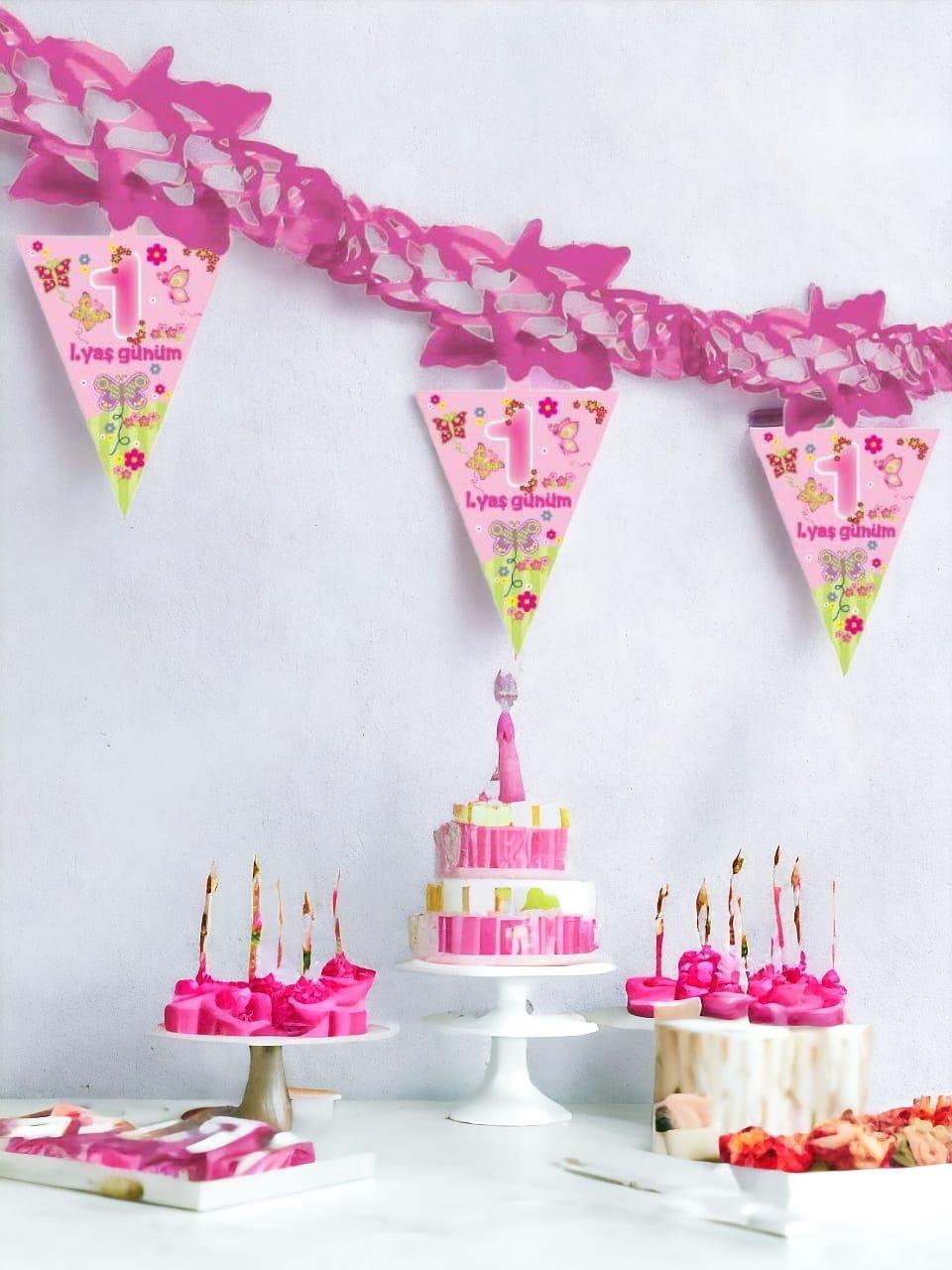 1. Yaş Günüm Doğum Günü Kağıt Zincir Süs Pembe 24lü