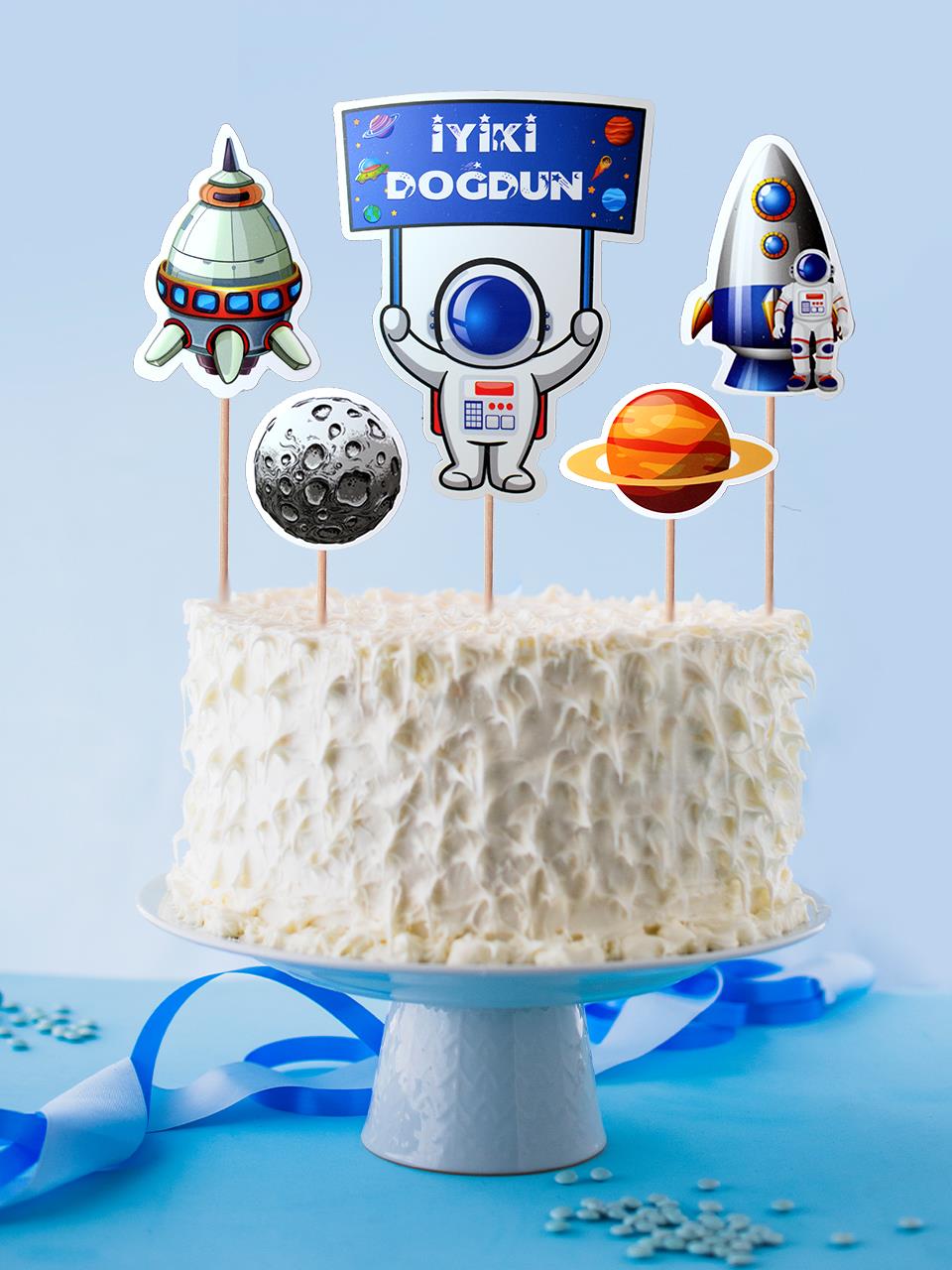Uzay Temalı Kürdan Kozmik Galaksi Figürlü Cupcake Kürdanı Pasta Süsü 5'li