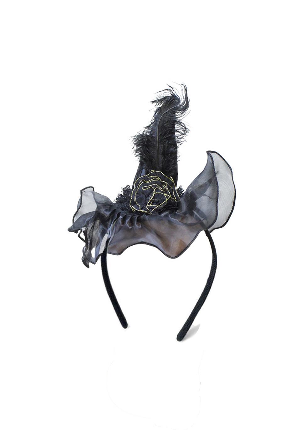Cadı Şapkalı Halloween Parti Tacı Tüllü Tüylü Cadılar Bayramı Aksesuarı Siyah