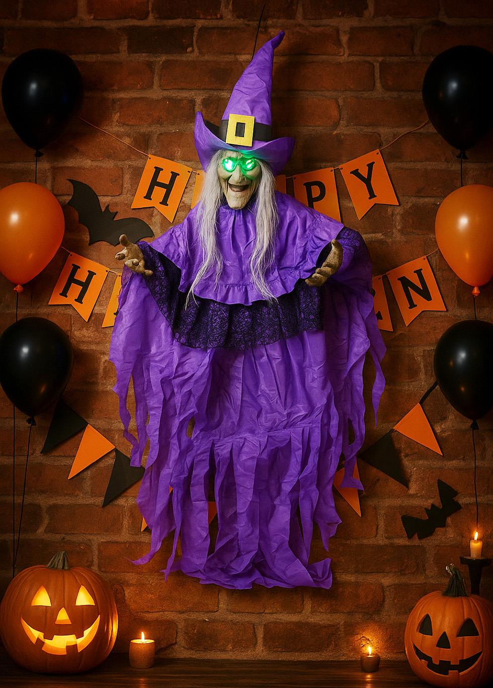 Cadılar Bayramı Cadı Figürlü Asılabilir Halloween Hareketli Işıklı Parti Dekoru Mor 185 cm