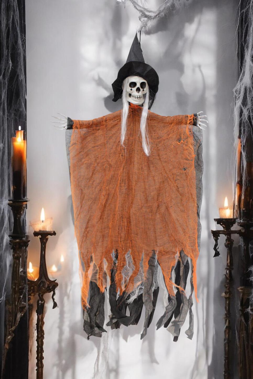 Cadılar Bayramı Şapkalı İskelet Asılabilir Halloween Parti Dekoru Turuncu