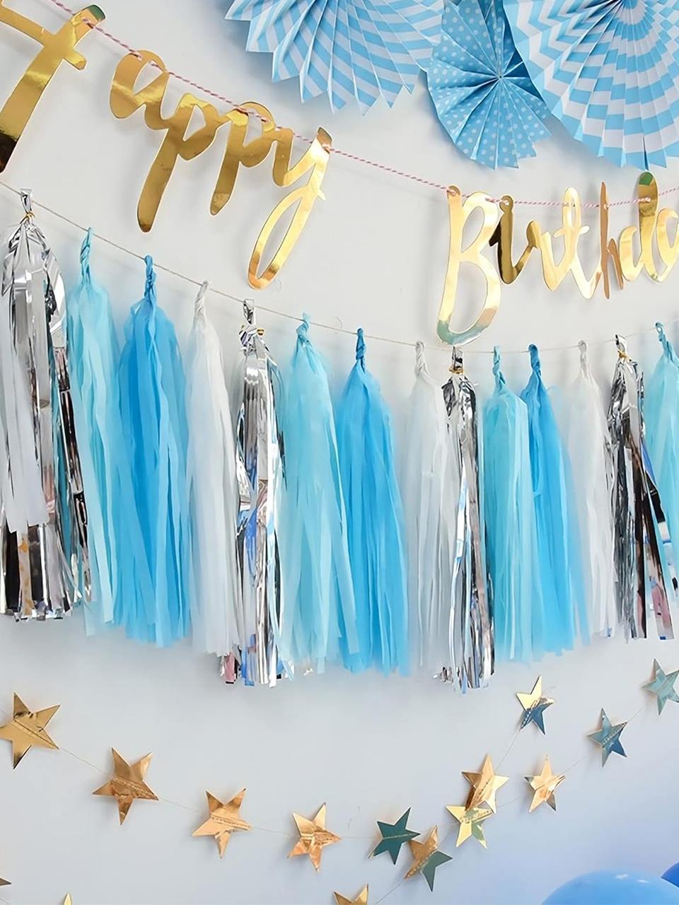 Parti Süsleri Metalize Püskül Süs Mavi - Gümüş 3 mt