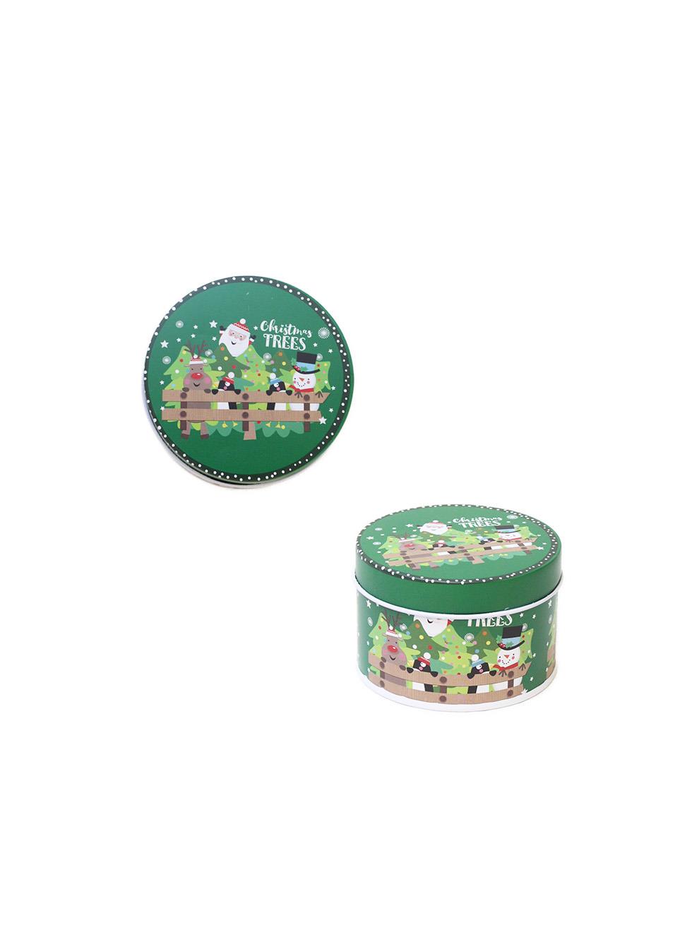 Yılbaşı Temalı Mini Yuvarlak Teneke Kutu Kardan Adam Desenli Yeşil 5 cm
