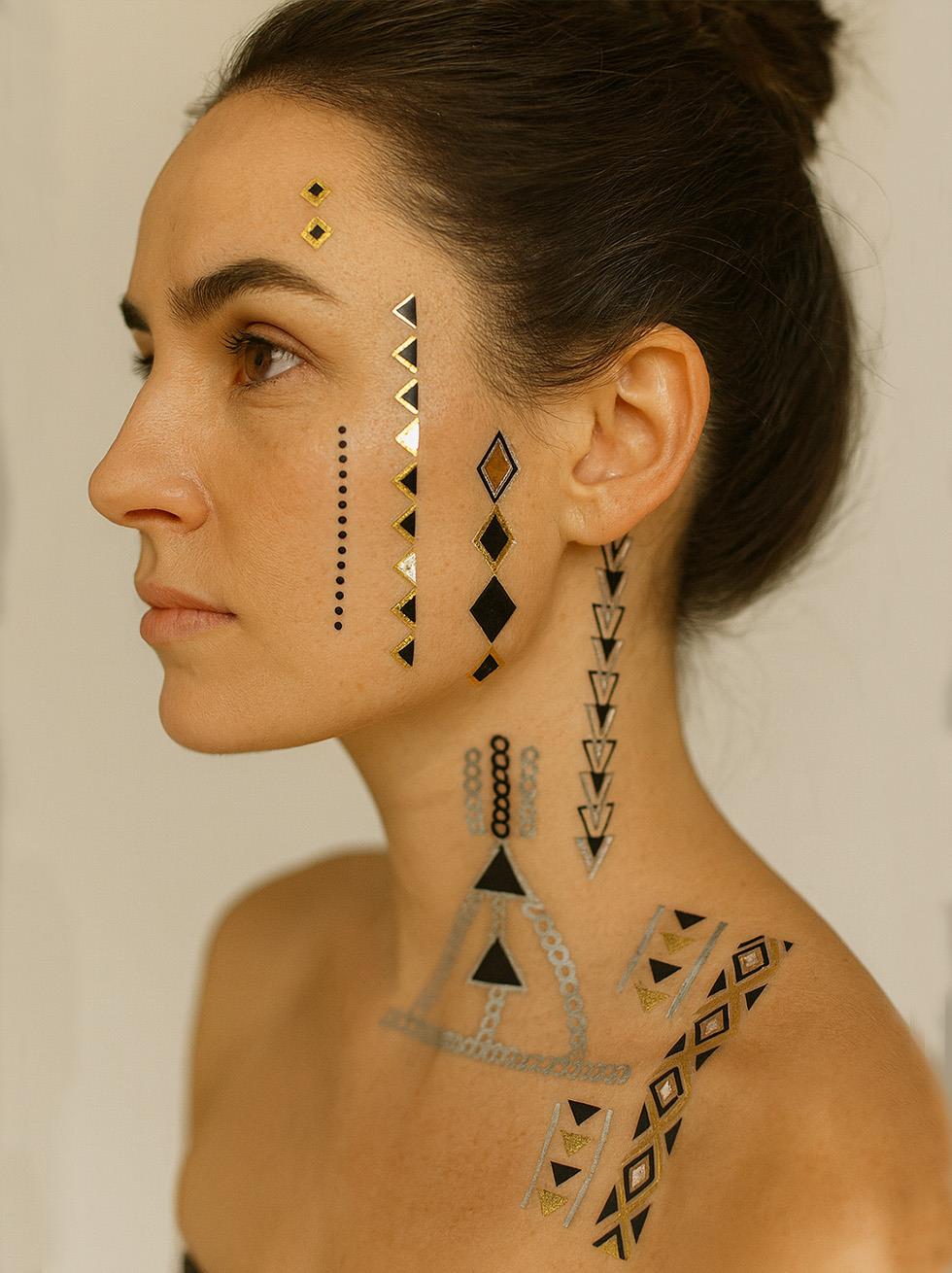 Metalik Etnik Bohem Desen Geçici Dövme Seti  Altın Gümüş