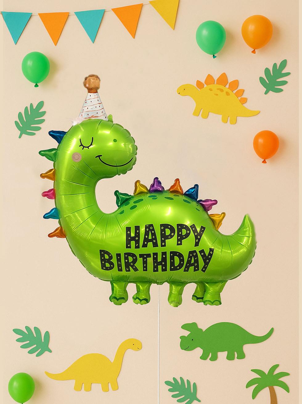 Dinozor Figürlü Folyo Balon Happy Birthday Yazılı Parti Balonu Yeşil 89 cm