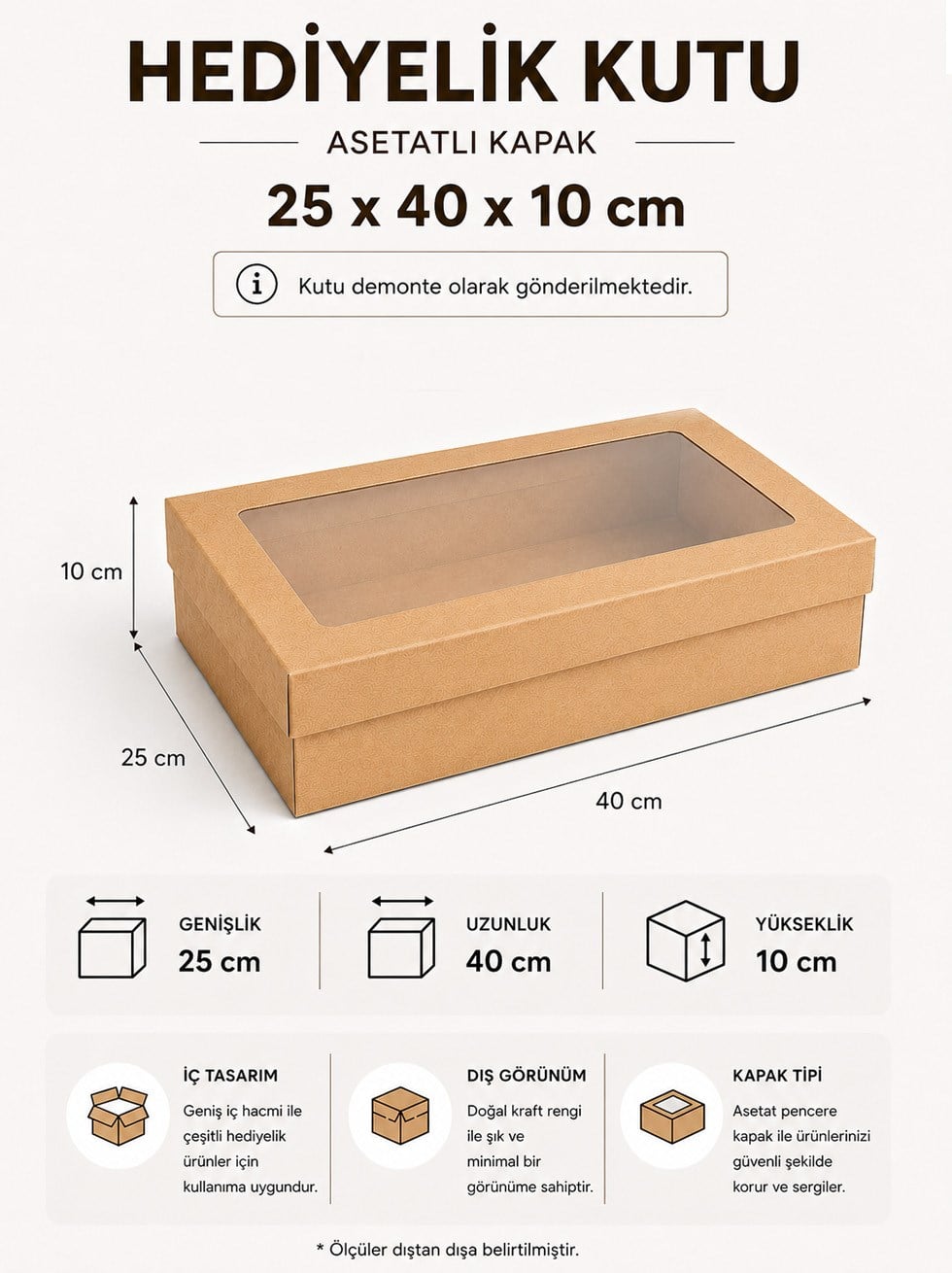 Asetat Pencereli Kraft Kutu Karton Hediye Kutusu 25X40X10 Cm