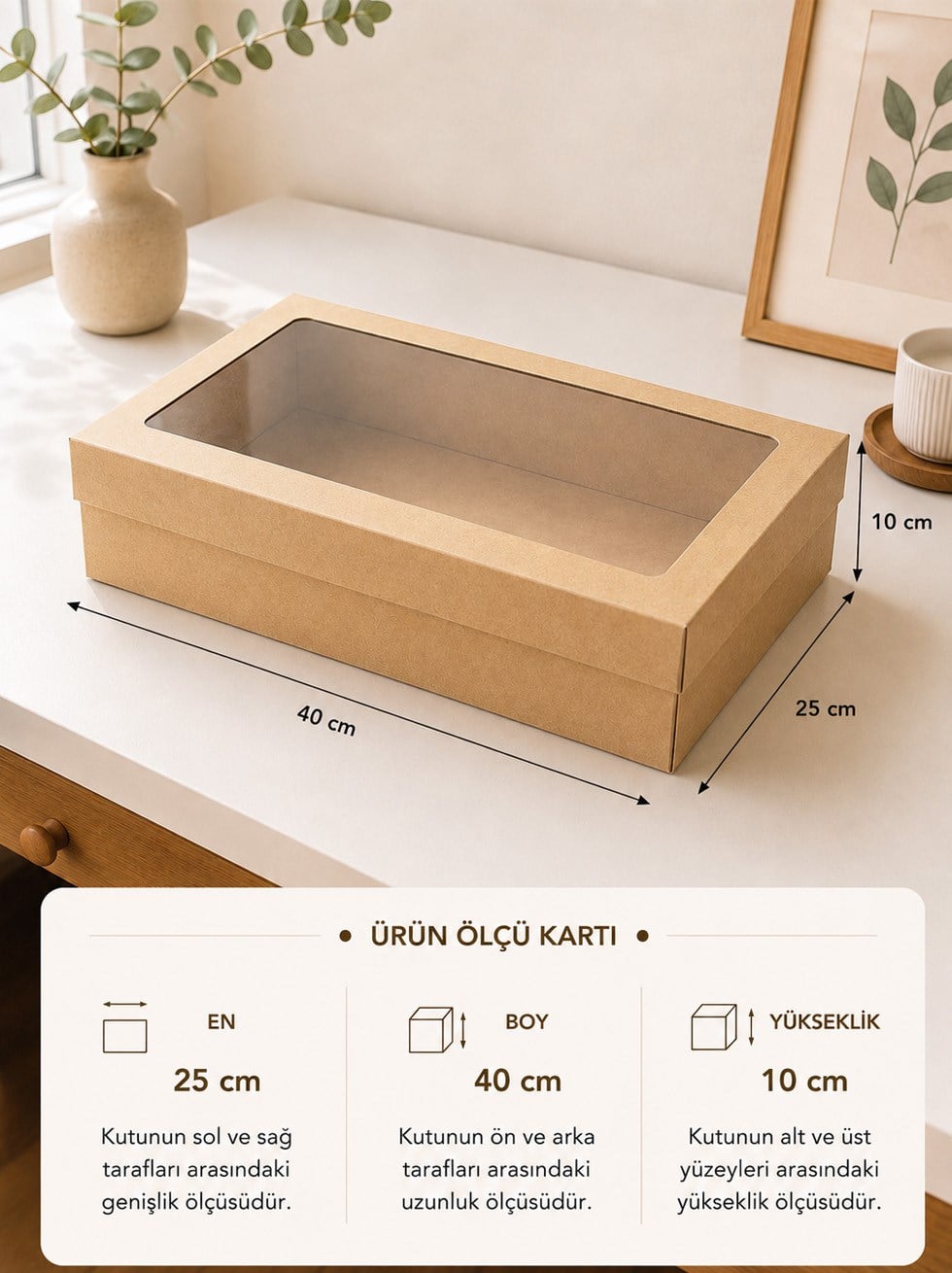 Asetat Pencereli Kraft Kutu Karton Hediye Kutusu 25X40X10 Cm