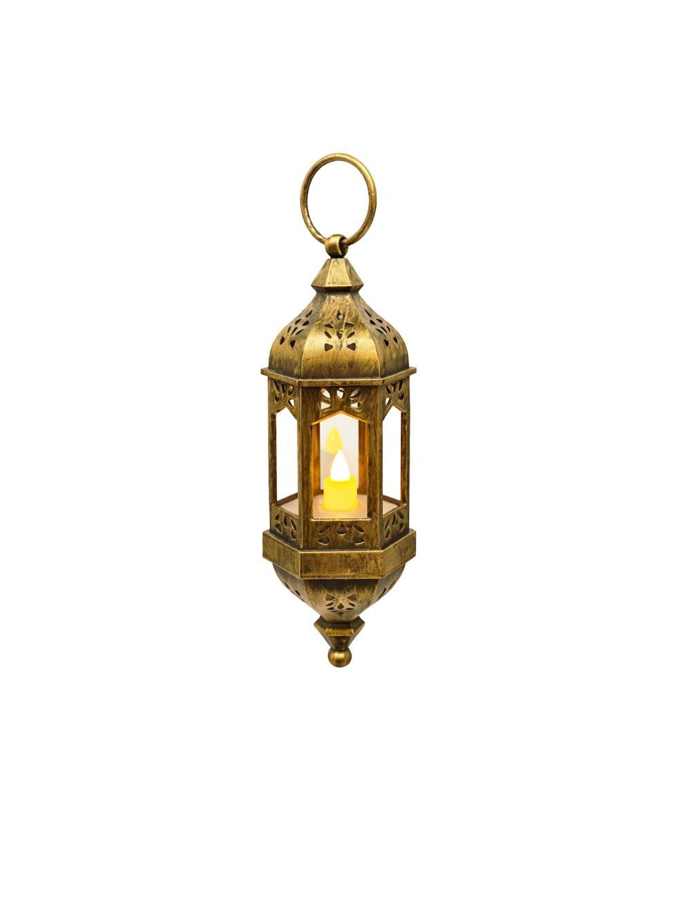 Asılabilir Ramazan Temalı Led Işıklı Pilli Dekoratif Fener – Eskitme Altın 20 cm