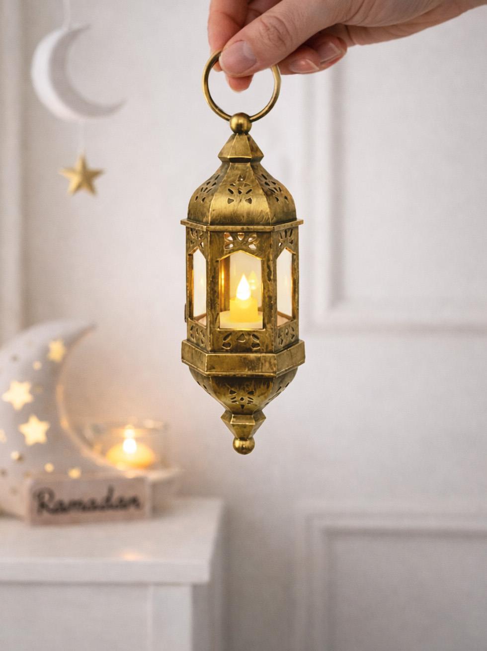 Asılabilir Ramazan Temalı Led Işıklı Pilli Dekoratif Fener – Eskitme Altın 20 cm