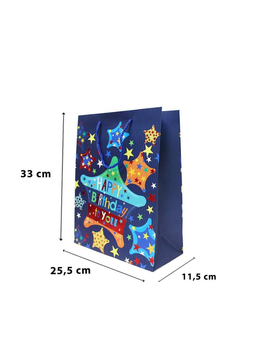 Karton Çanta Happy Birthday Yazılı Alışveriş Çantası Hediye Çantası Lacivert 33 cm
