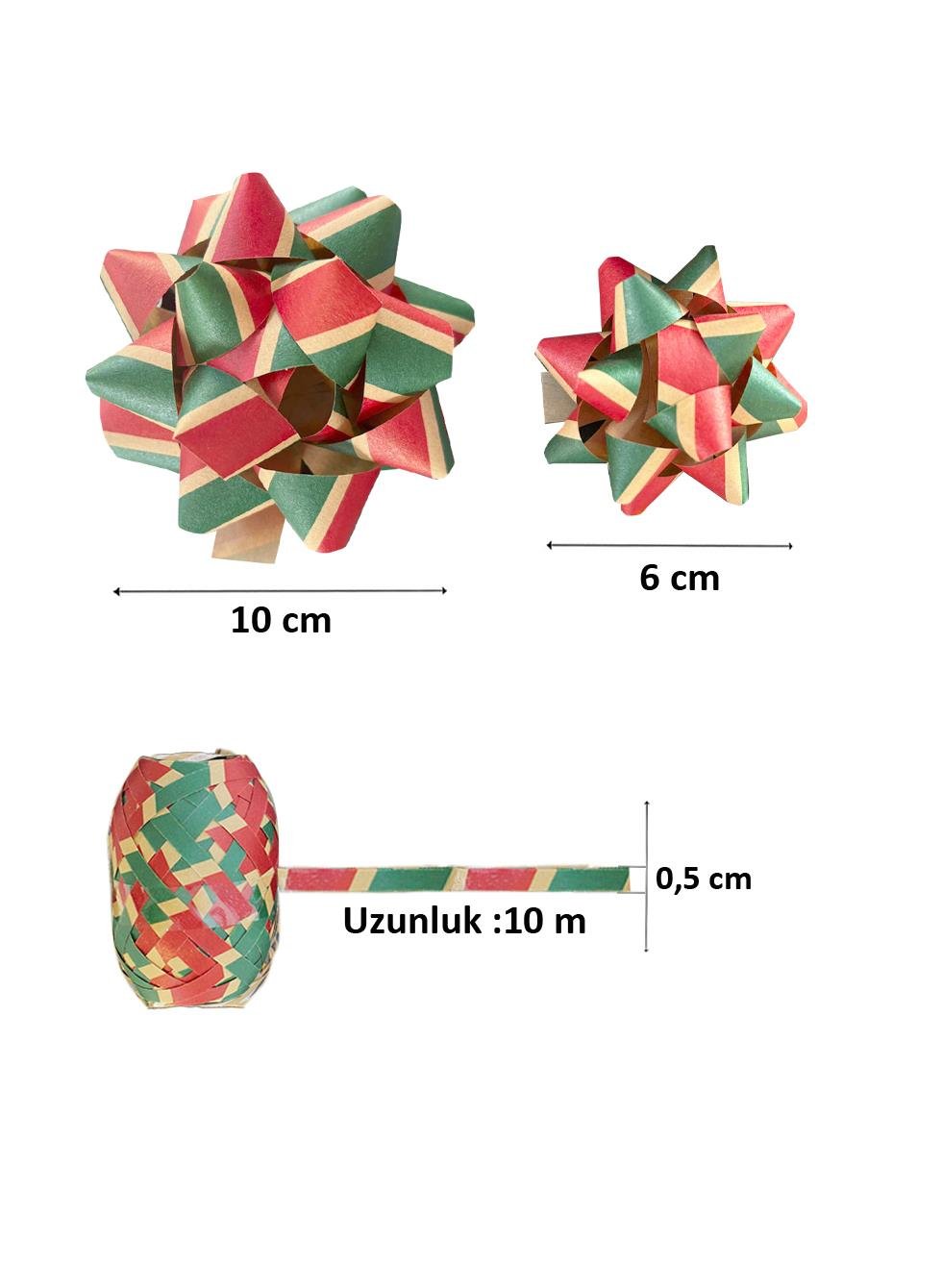 Hediye Paketleme Seti Kağıt Fiyonk ve Kurdele Kırmızı-Yeşil Çizgili 3lü