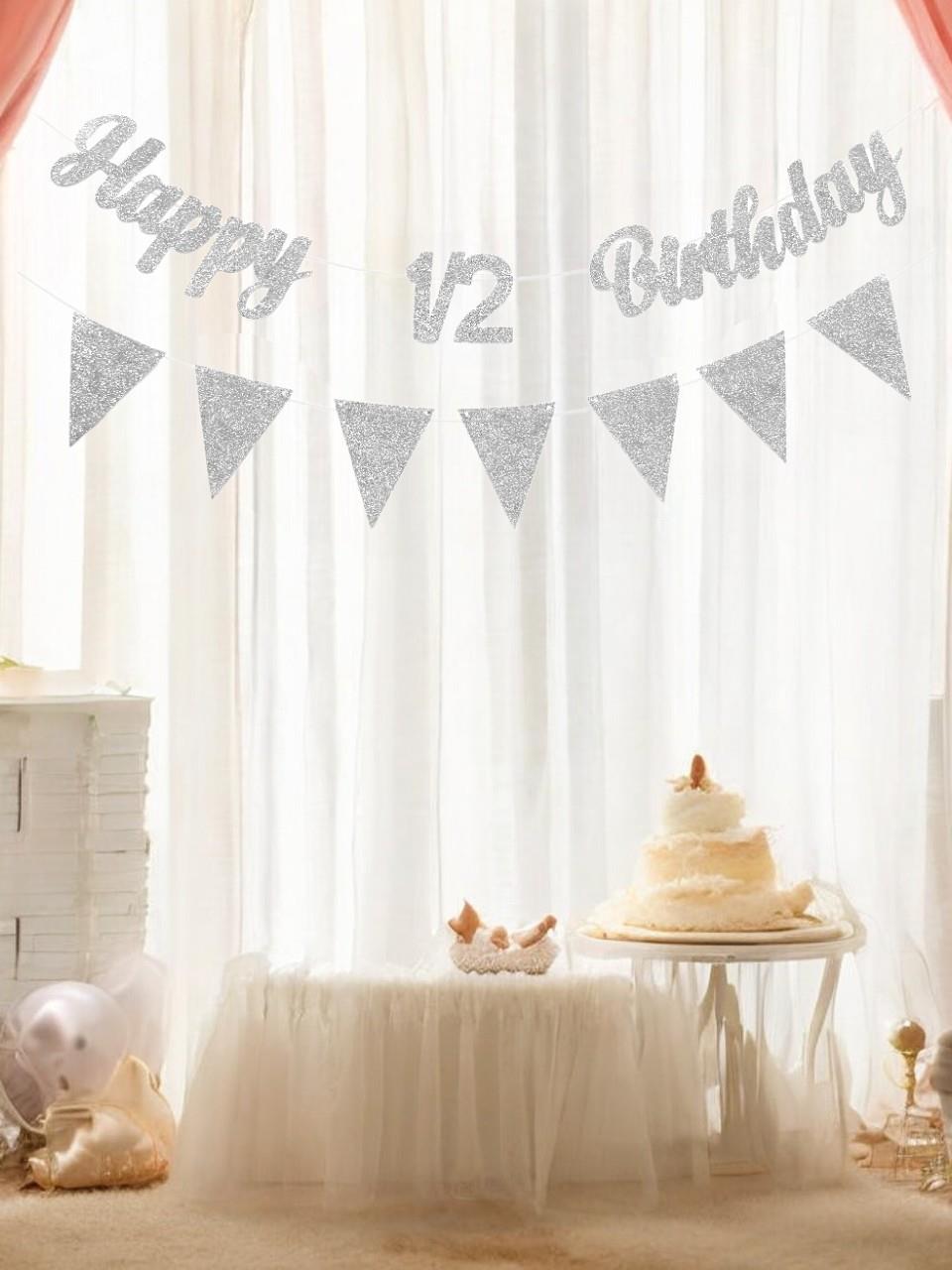 Yarım Yaş Happy 1/2 Birthday Yazı Gümüş Simli Flama Bayrak Banner