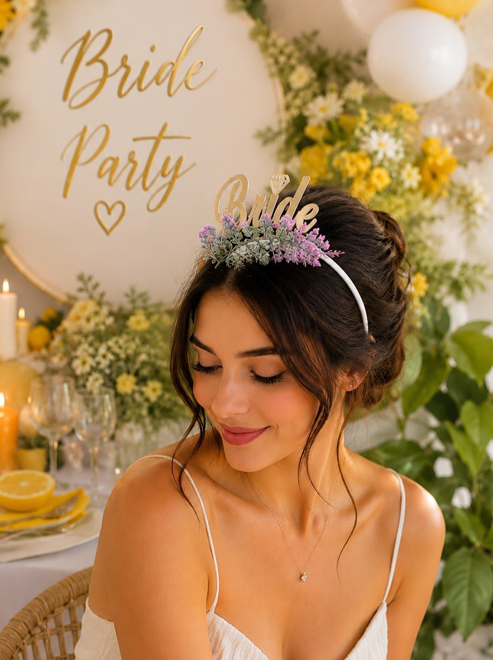 Bride Altın Pleksi Taç Lavanta Çiçekli Bekarlığa Veda Parti Tacı