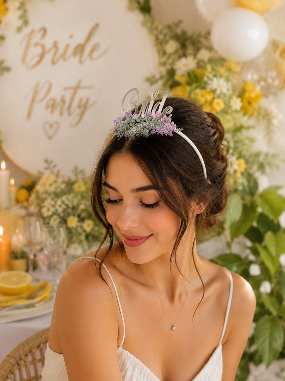 Bride Gümüş Pleksi Taç Lavanta Çiçekli Bekarlığa Veda Parti Tacı
