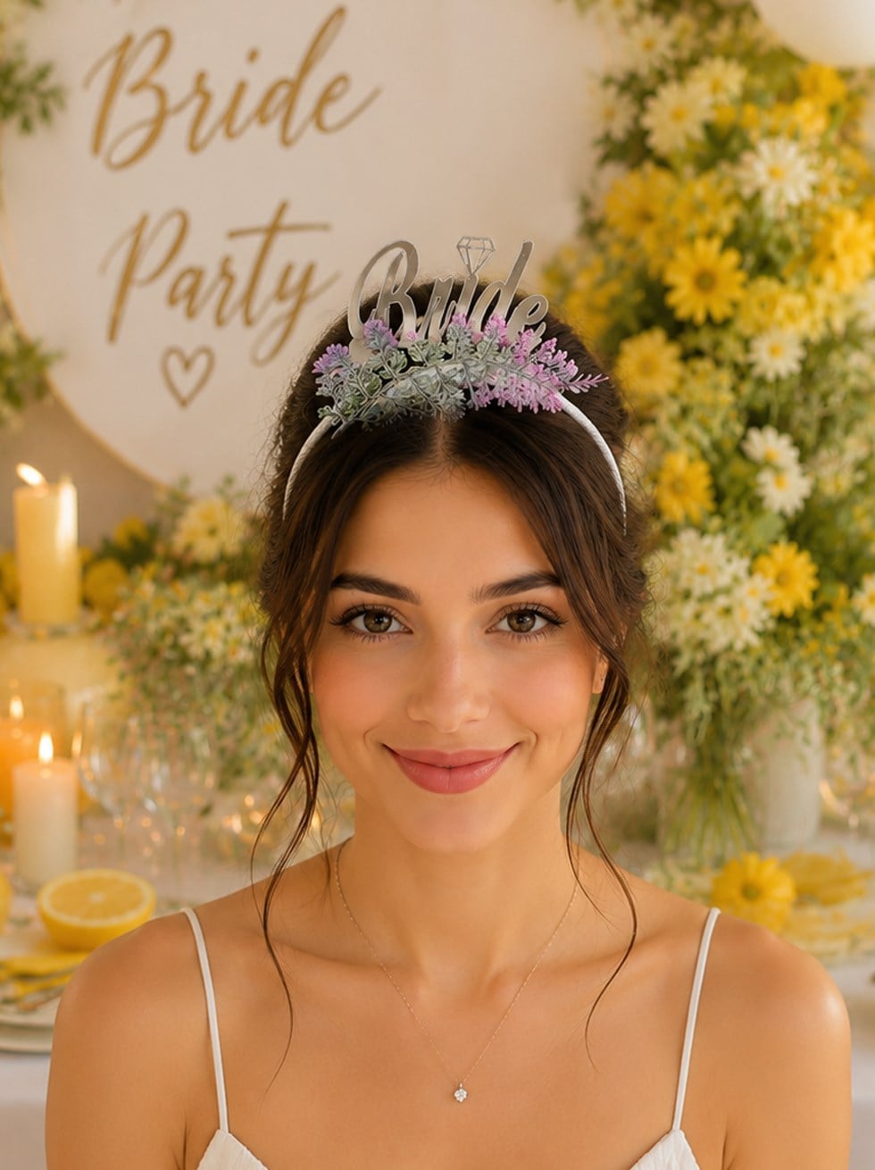 Bride Gümüş Pleksi Taç Lavanta Çiçekli Bekarlığa Veda Parti Tacı
