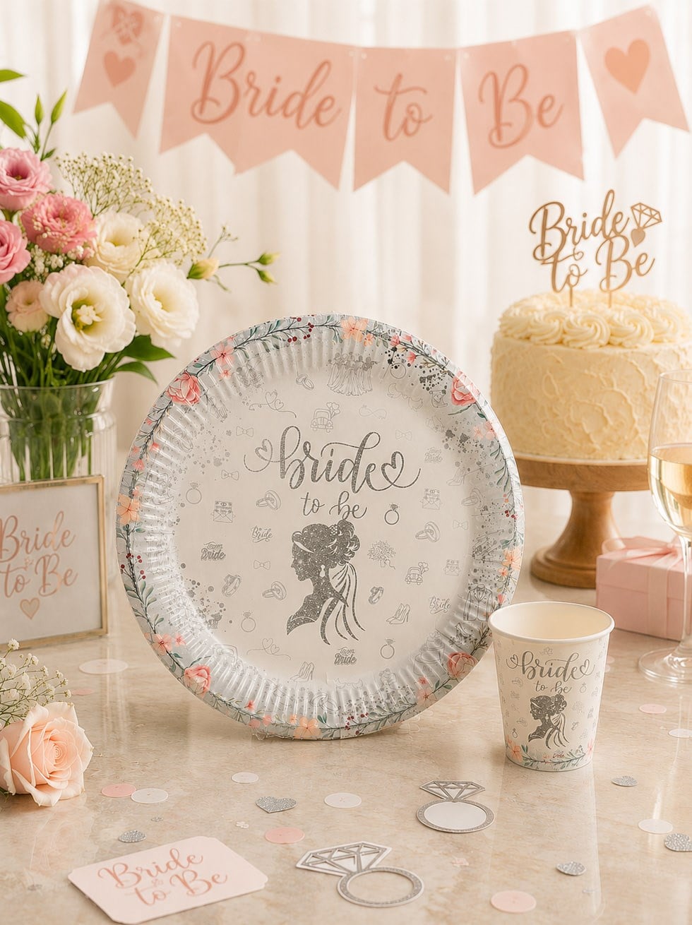 Bride To Be Temalı Karton Tabak ve Bardak Seti – Bekarlığa Veda Parti Seti Beyaz Gümüş 8li