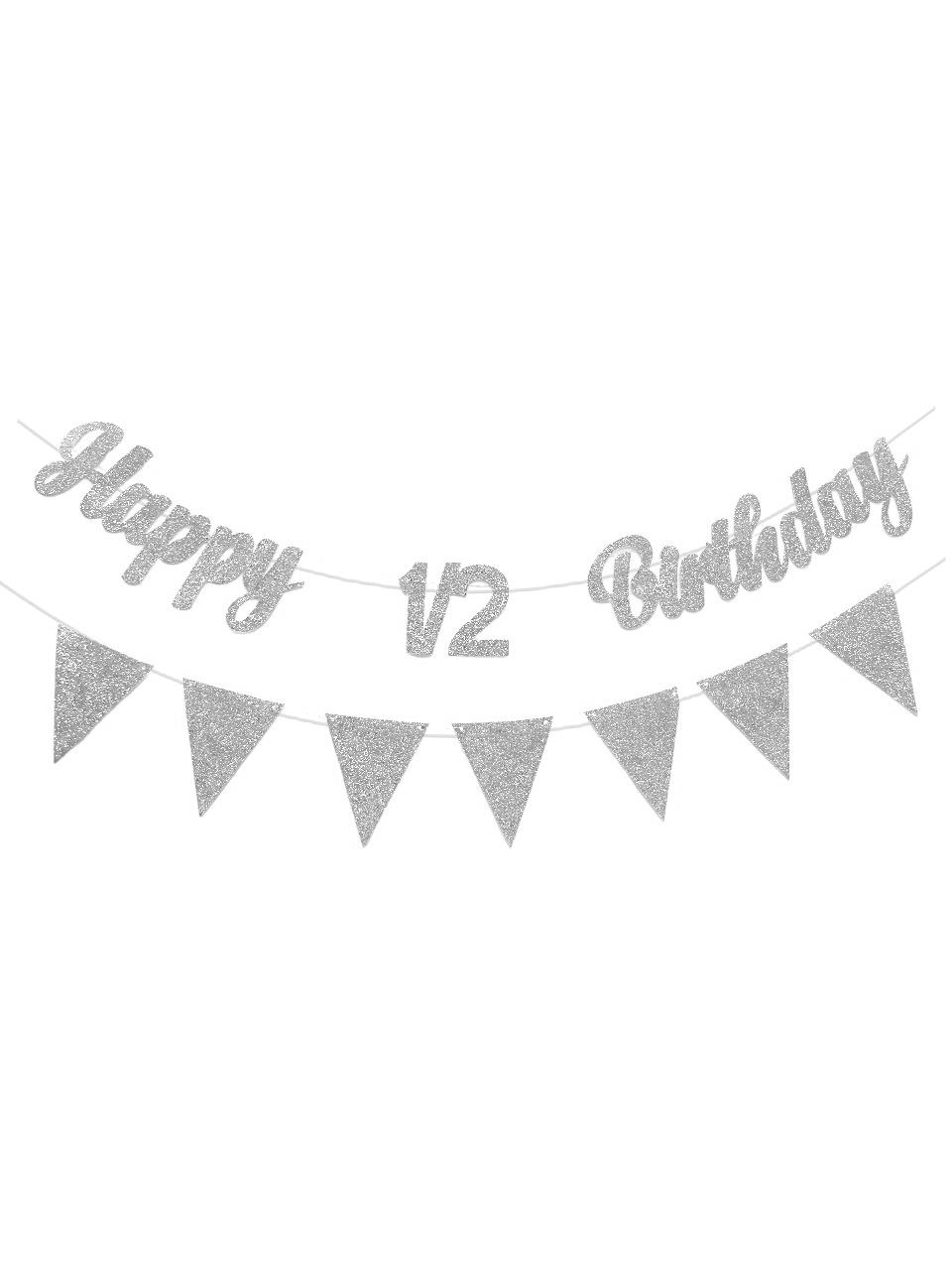 Yarım Yaş Happy 1/2 Birthday Yazı Gümüş Simli Flama Bayrak Banner