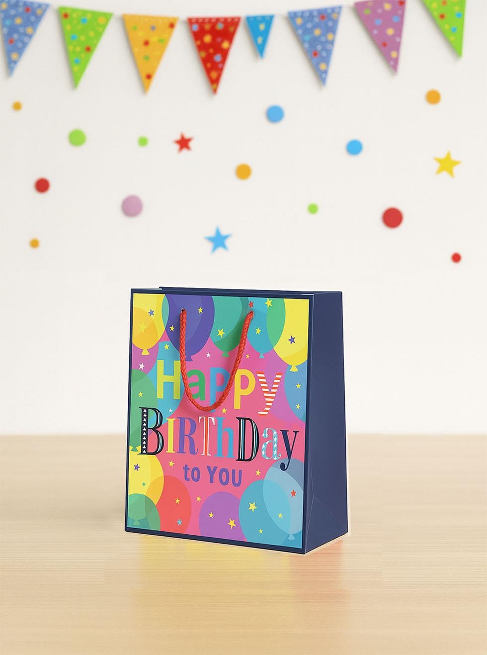 Karton Çanta Happy Birthday Yazılı Alışveriş Çantası Hediye Çantası Renkli 22 cm