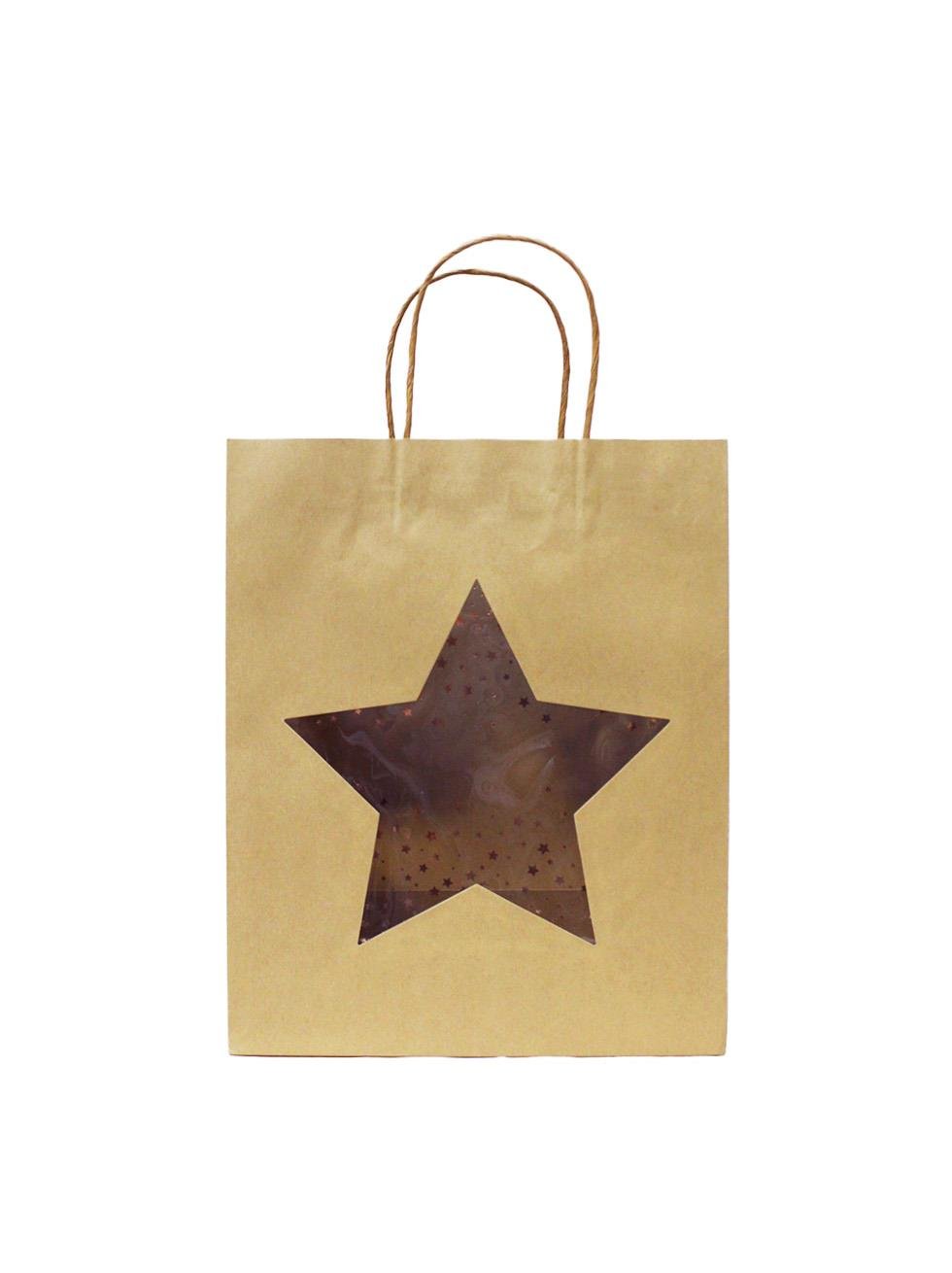 Karton Çanta Yıldız Pencereli Alışveriş Çantası Hediye Çantası Kraft 26x32x12 cm