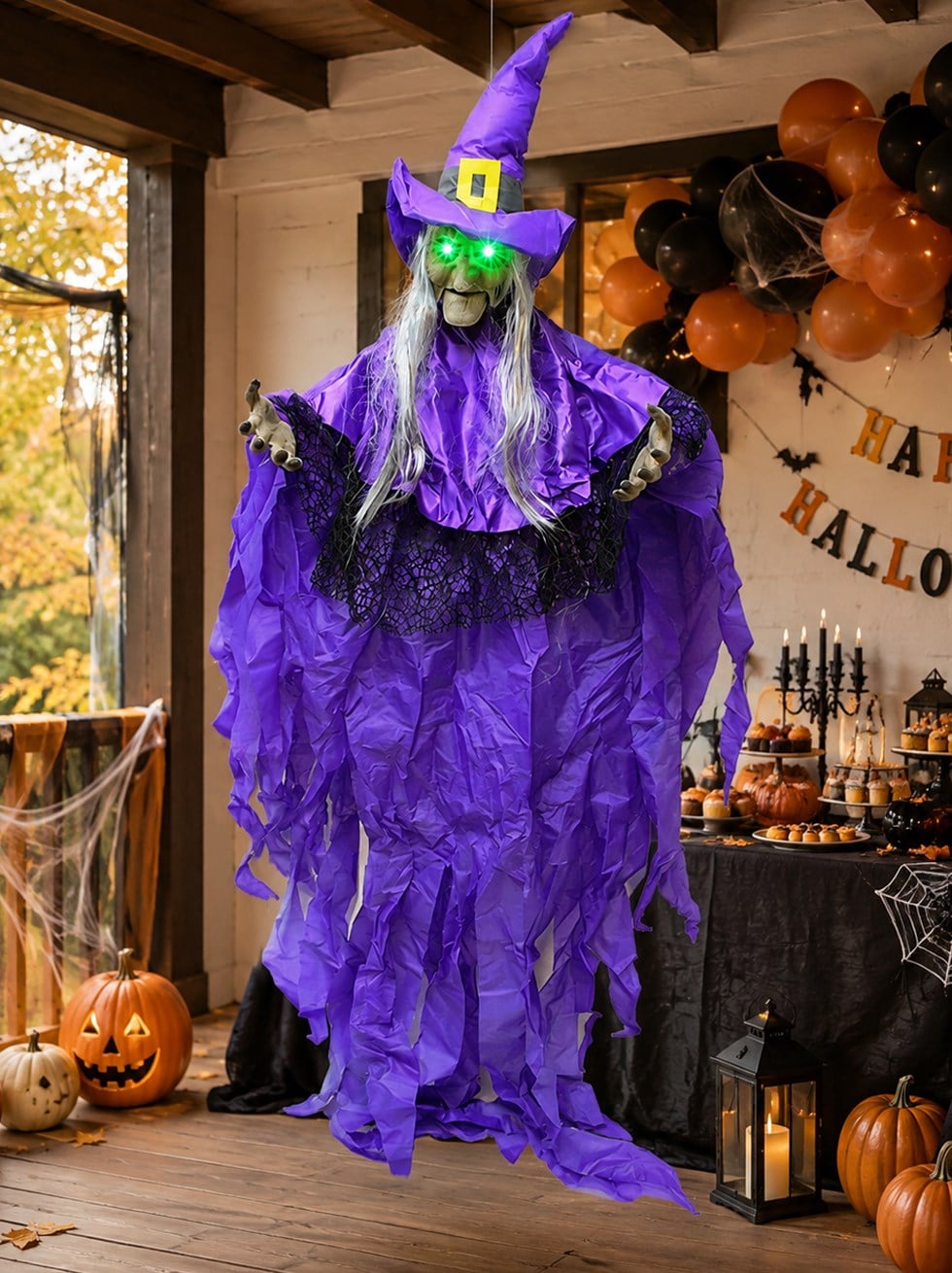Cadılar Bayramı Cadı Figürlü Asılabilir Halloween Hareketli Işıklı Parti Dekoru Mor 185 cm
