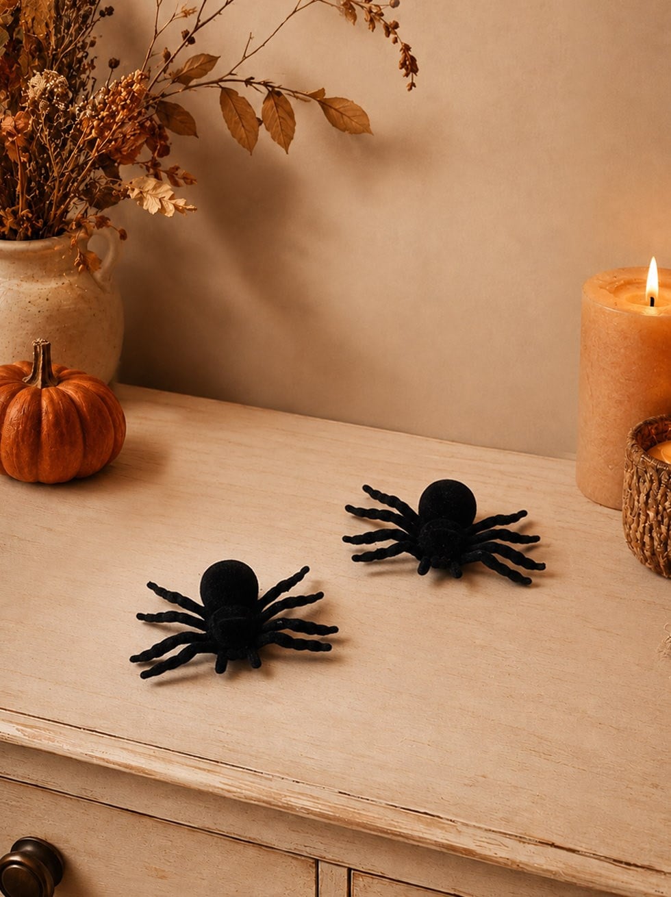 Cadılar Bayramı Flok Kaplama Örümcek Halloween Parti Dekoru Siyah 11 cm 2li