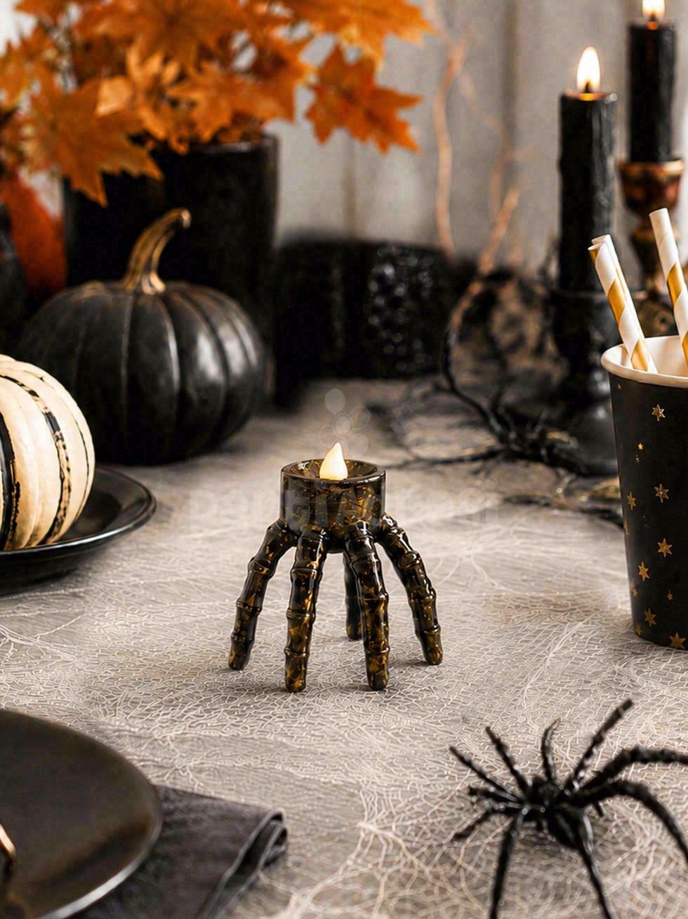 Cadılar Bayramı İskelet El Figürlü LED Mum – Halloween Parti Masa Dekoru 8 cm