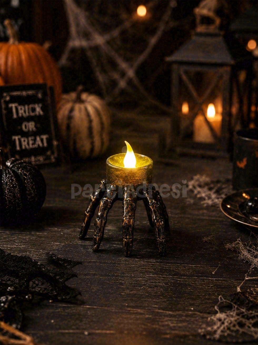 Cadılar Bayramı İskelet El Figürlü LED Mum – Halloween Parti Masa Dekoru 8 cm