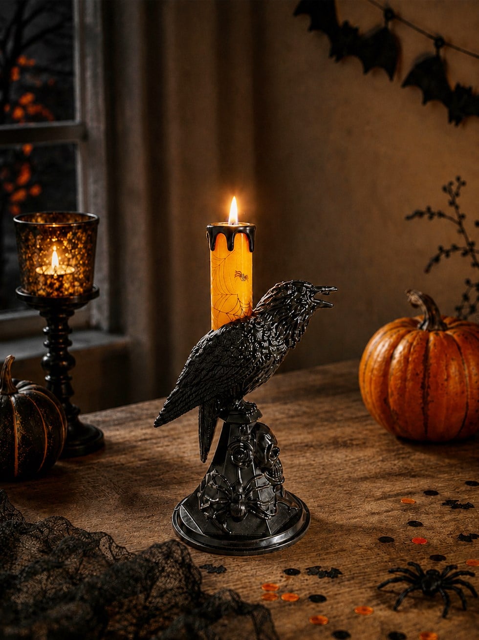 Cadılar Bayramı Karga Figürlü LED Işıklı Mum – Halloween Parti Dekoru Turuncu 20 cm 