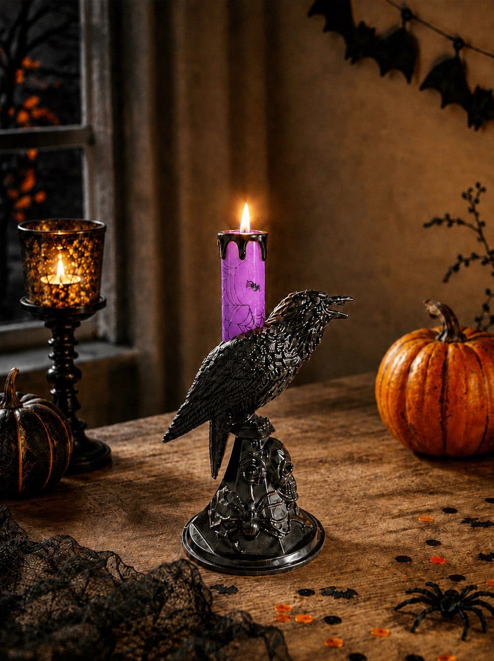 Cadılar Bayramı Karga Figürlü LED Işıklı Mum – Halloween Parti Dekoru Mor 20 cm 
