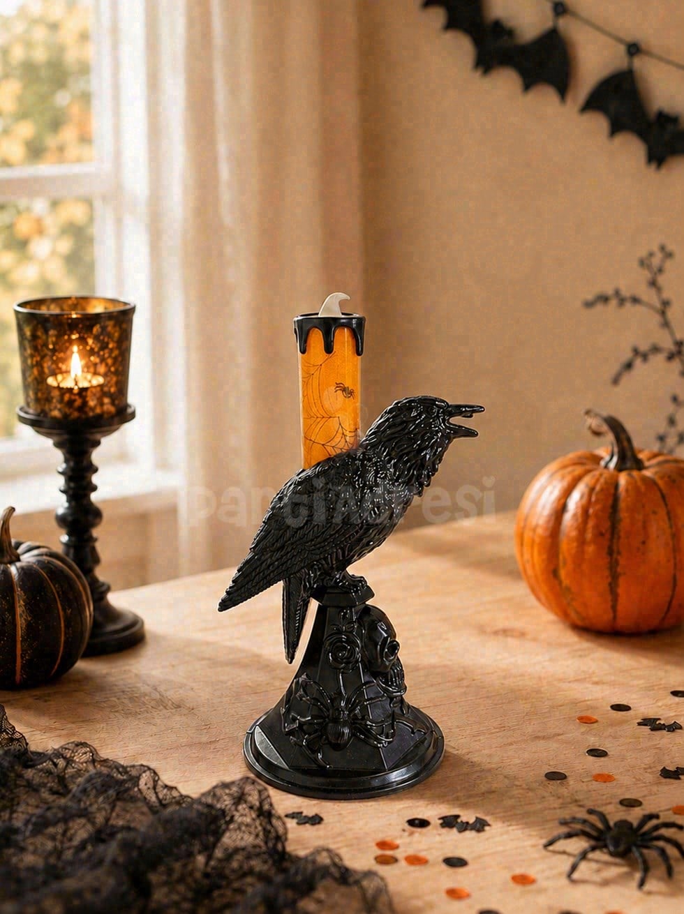Cadılar Bayramı Karga Figürlü LED Işıklı Mum – Halloween Parti Dekoru Turuncu 20 cm 