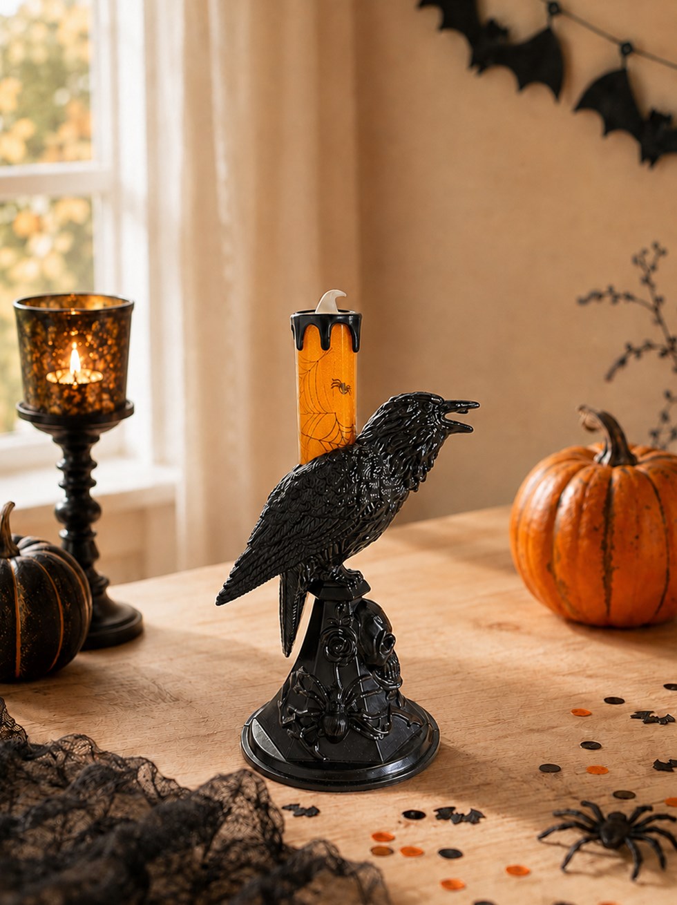 Cadılar Bayramı Karga Figürlü LED Işıklı Mum – Halloween Parti Dekoru Turuncu 20 cm 