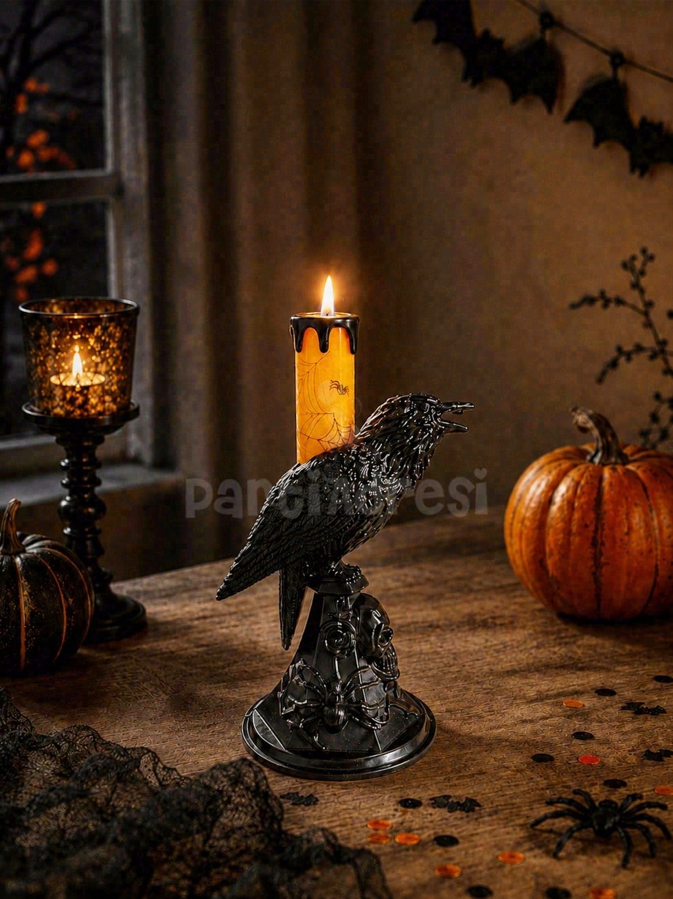 Cadılar Bayramı Karga Figürlü LED Işıklı Mum – Halloween Parti Dekoru Turuncu 20 cm 