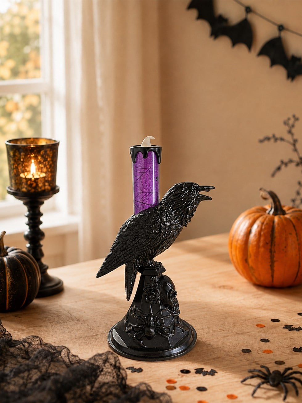 Cadılar Bayramı Karga Figürlü LED Işıklı Mum – Halloween Parti Dekoru Mor 20 cm 